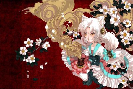 Anime - flowers, anime, white, red, smoke