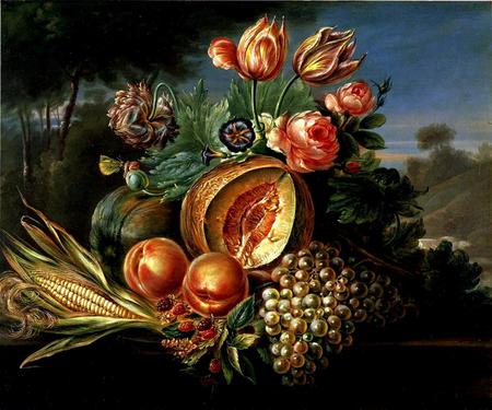 Abundance - peaches, sky, trees, roses, tulips, still life, melon, berries, painting, corn, grapes