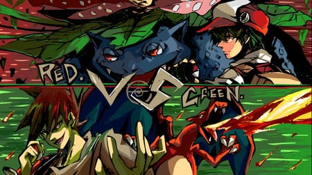 Red Vs Green - pokemon, red, green, venasour, charizard, video game