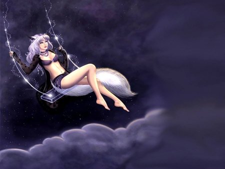 SWINGING ABOVE THE CLOUDS - elf, clouds, swinging, night, dark