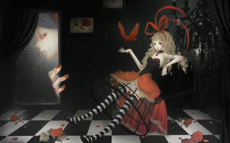 Anime - red, mirror, anime, loli, black, dress, bird