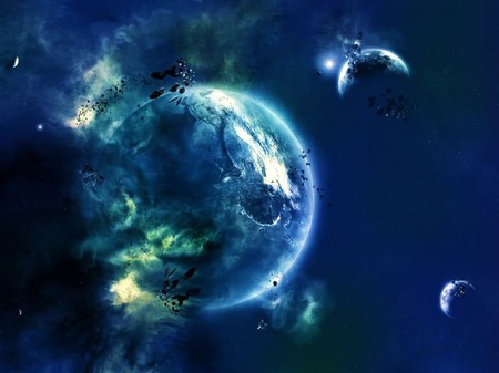 Beyond in the Blue - space, clouds, planets, blue, galaxy