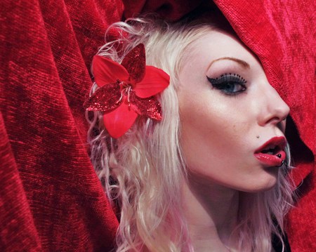 Red mistress - red, seduction, orchid, blonde, mistress, curtain, woman