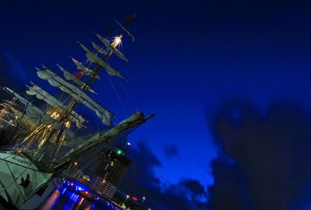 Modern Clipper - lights, ship, cloud, dk blue, sky