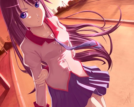 Senjougahara Hitagi - skirt, sexy, girl, long hair, purple hair, senjougahara hitagi, tie, anime, purple eyes, cute, bakemonogatari