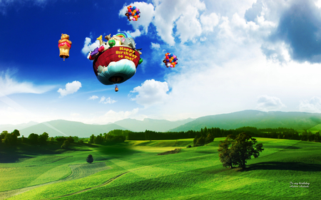 Nature Fantasy - fantasy, fields, hot air balloon, skies, nature, grass