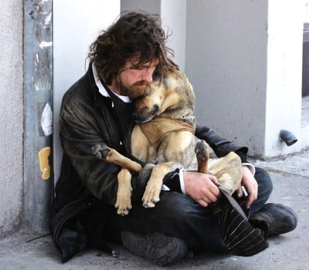 Unconditional love - love, street, man, dog, homeless, friend