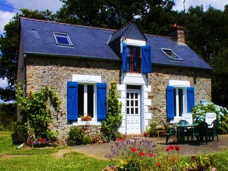 Sky cottage - cottage, roof, woods, blue, shutters