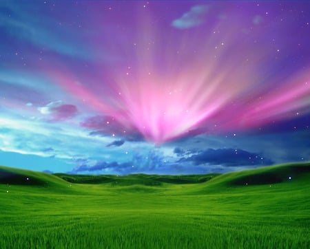 Royal Bliss - blue, grass, sunrise, pink, scarlat, stars, aurore, aurora, purple, hd, violet, field, nice, royal, art, clouds, abstract, beautiful, photoshop, bliss, 3d and cg, fantasy, white, lanscape, sunset, lights, green, forces of nature, grassland