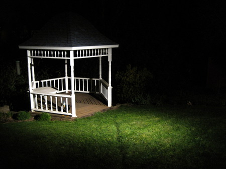 Gazebo - spotlight, gazebo, grass, night, light, dark