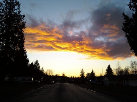 Orange Cloud - street, sky, cloud, trees, orange, sunset