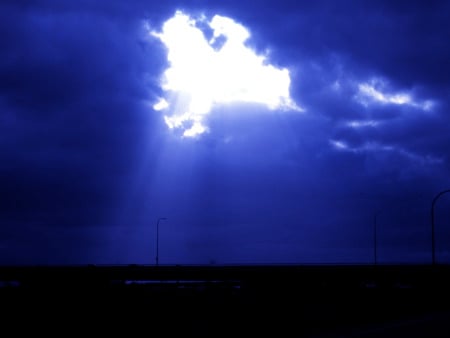 Ray of Sun  - sky, sunshine, clouds, blue, light, sun, ray, bridge