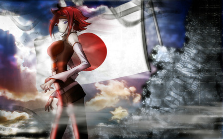 Code Geass - red hair, clouds, code, anime, geass, kallen, flag, stadtfeld