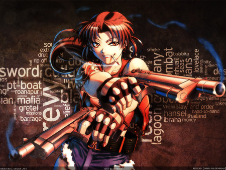 black lagoon - gun, revy, sexy, smoke, gloves, tattoo, cigarette, art, abstract, cool, pretty, words, cute, guns