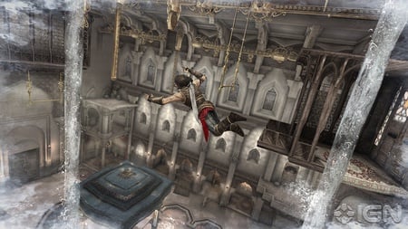 Prince Of Persia-The Forgotten Sands-Jumping On Fallen Water - game, warrior, 2010, water, videogame, prince of persia, hall, prince of persia-the forgotten sands, hero, action, adventure, pop