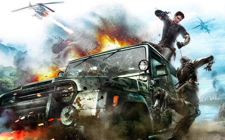 just cause 2 - car, just, helicopter, cause, plane, black, fly