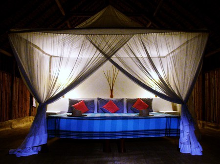 A place to dream - bed, sleep, blue, soft, red, lights, canopy