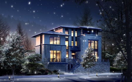 Architecture 3D Designs - house, designs, winter, snow, 3d, night, architecture, dark