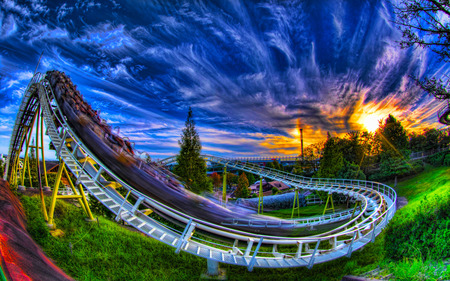 Coaster Sunset - sky, playground, sunset, roller coaster, fantasy, amusement park