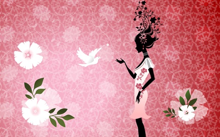 girl with dove 1280x800. jpg - girl, flower, dove, girly