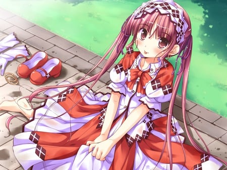 Minette - anime, kocha, twintails, dress, girl, blush, long hair, red eyes, red hair, cute, barefoot, shukufuku no campanella, minette, sexy, ribbons, game cg