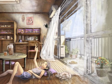 lazy afternoon in my room - anime, relaxing, cool, playing, cat, cg, illustration, painting, nice, arts, kitty, painted