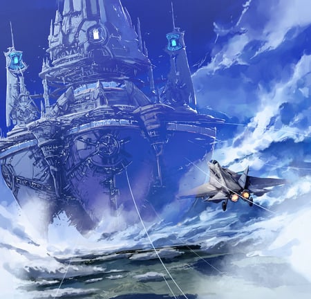 the fort - fortress, cool, illustration, painted, anime, blue, nice, aircraft, painting, arts