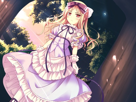 Shukufuku no Campanella - sexy, girl, ribbons, long hair, gloves, red eyes, game cg, kocha, blonde hair, shukufuku no campanella, anime, blush, tree, cute, dress