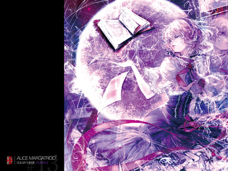 Alice Margatroid - purple eyes, touhou, book, cute, alice margatroid, short hair, anime, girl, dress, blonde hair, sexy, moon, ribbons