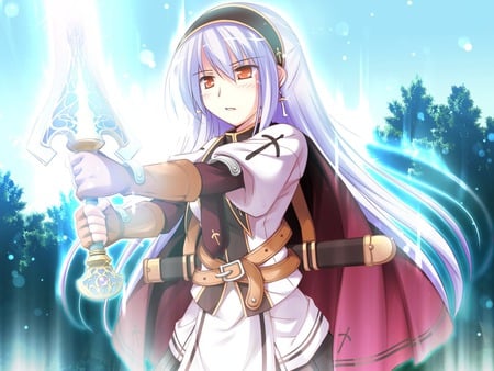 Chelsea Arcot - anime, kocha, magic, cape, girl, sword, blush, orange eyes, long hair, cute, shukufuku no campanella, chelsea arcot, purple hair, sexy, game cg