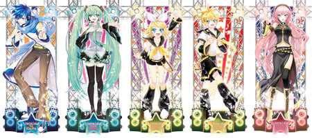 vocaloid team - pretty, vocaloid, kamui, beautiful, cool, luka, miki, characters, rin, colorful, all stars, miku, kaito, wide, cute, len