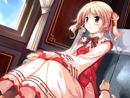 Agnes Boulange - hat, ribbons, red eyes, agnes boulange, blonde hair, anime, cute, short hair, sexy, cat, girl, twintails, game cg, kocha, shukufuku no campanella, blush, dress