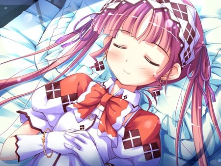 Minette - anime, kocha, dress, girl, blush, long hair, short hair, red hair, bed, cute, shukufuku no campanella, minette, sexy, gloves, ribbons, game cg