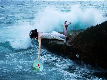 A rose upon the waves  - globe, foam, rock, girl, waves, rose, catch, lying