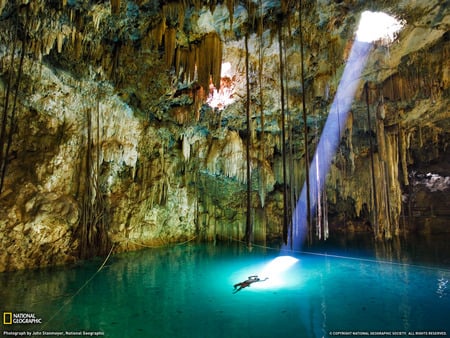 Spot Light - cave, abstract, water, underworld, photography, light, national geographic, underwater, mexico