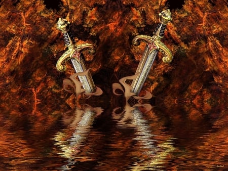 Medieval Blades - blades, fiery, dark, reflection, 3d and cg, medieval blades, dark art