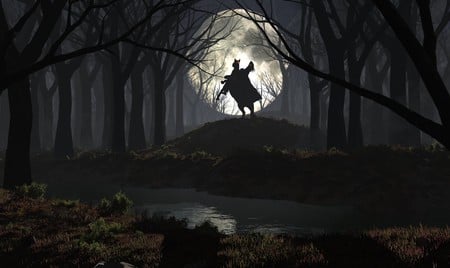 Feirce Rider In Moonlight - trees, moonlight horse rider night trees, rider, dark art, night, horse, moonlight, dark, fantasy, full moon