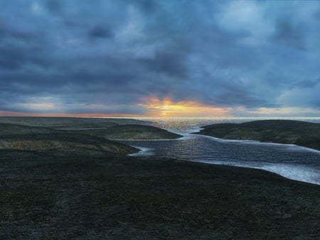 SP1 - clouds, hills, water, grass, sun, sky