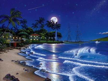 Laguna - plam trees, graphics, 3d and cg, light, night, waves, painting, artwork, full moon, 3d, blue, house, sea, laguna