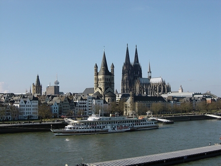 Köln, Panorama View - koeln, river, ship, skyline, panorama, rhine, church great st marien