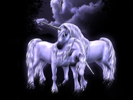 Fantasy Love - abstract, blue, friendship, night, fantasy, friends, unicorn, art, animals