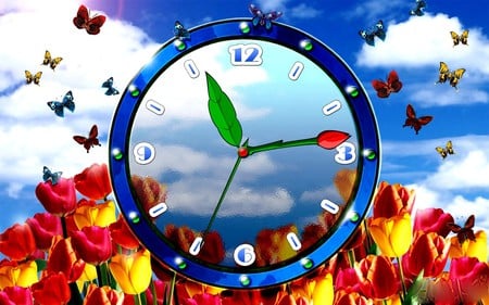 TULIP CLOCK - face, butterfly, tulips, clock, design, tulip