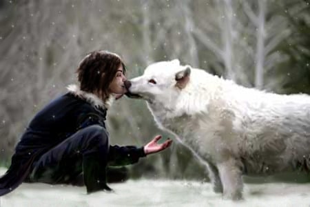 GREAT KISS - wolf, love, snow, human, fantasy