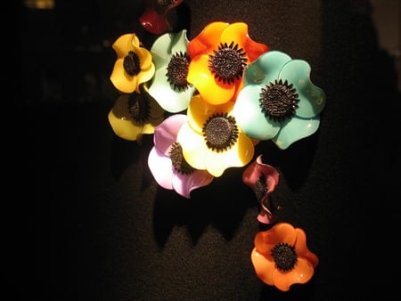 Clay flowers - clay, bunch, black, group, beautiful, flowers, colors