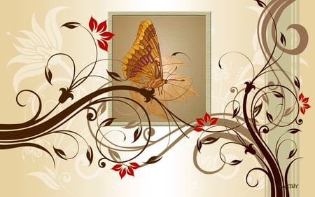 Butterfly swirls - vector, swirls, brown, butterfly, tan, beautiful, leaves, textured, flowers