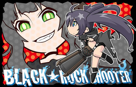 Black rock shooter - sexy, girl, takanashi yomi, chibi, twintails, blue eyes, long hair, kuroi mato, black hair, green eyes, anime, cute, black rock shooter