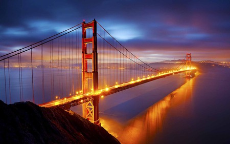 Golden Bridge - glow, river, column, reflection, bridge, lighting