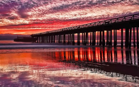 Unloading Bridge At Sunset - sky, lake, reflection, reddish, bridge, boat