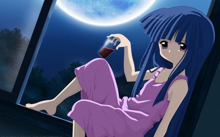 Higurashi - Rika - moon, drink, female, rika, hair, higurashi, window, blue, anime