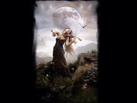 PLAYING FOR THE MOON - moon, violin, female, dress